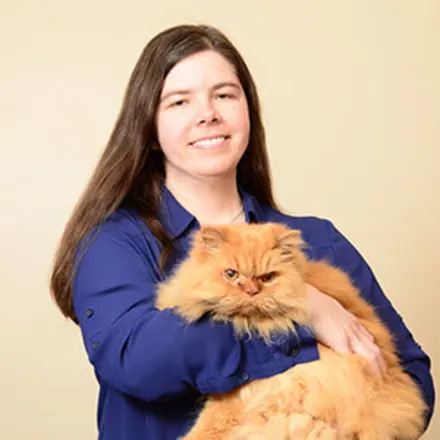 Dr. Amy Delano's staff photo from Anne Arundel Veterinary Emergency Clinic where she is holding a big fat, furry orange cat in her arms.