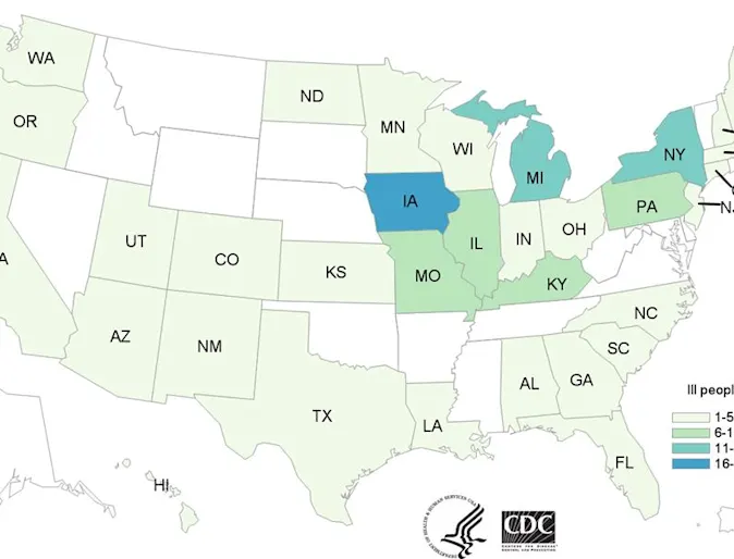 CDC's map of the US recording Salmonella cases CDC's map of the US recording Salmonella cases