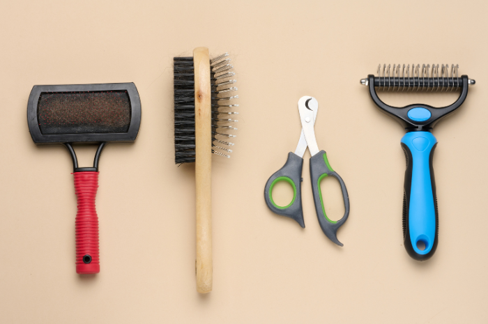 A variety of dog grooming tools.