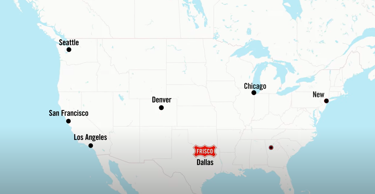 Map of USA showing major cities and Frisco, Texas