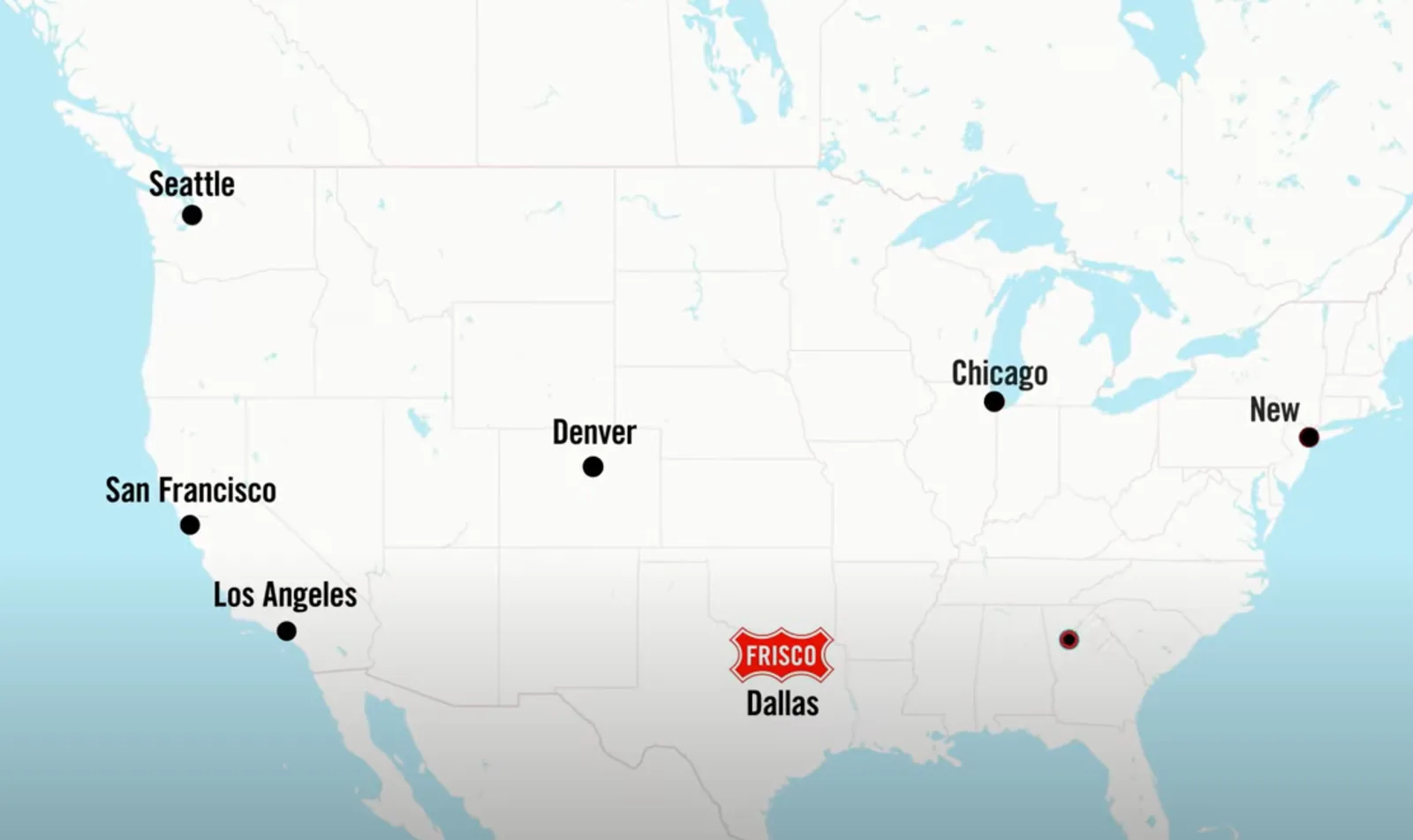 Map of USA showing major cities and Frisco, Texas