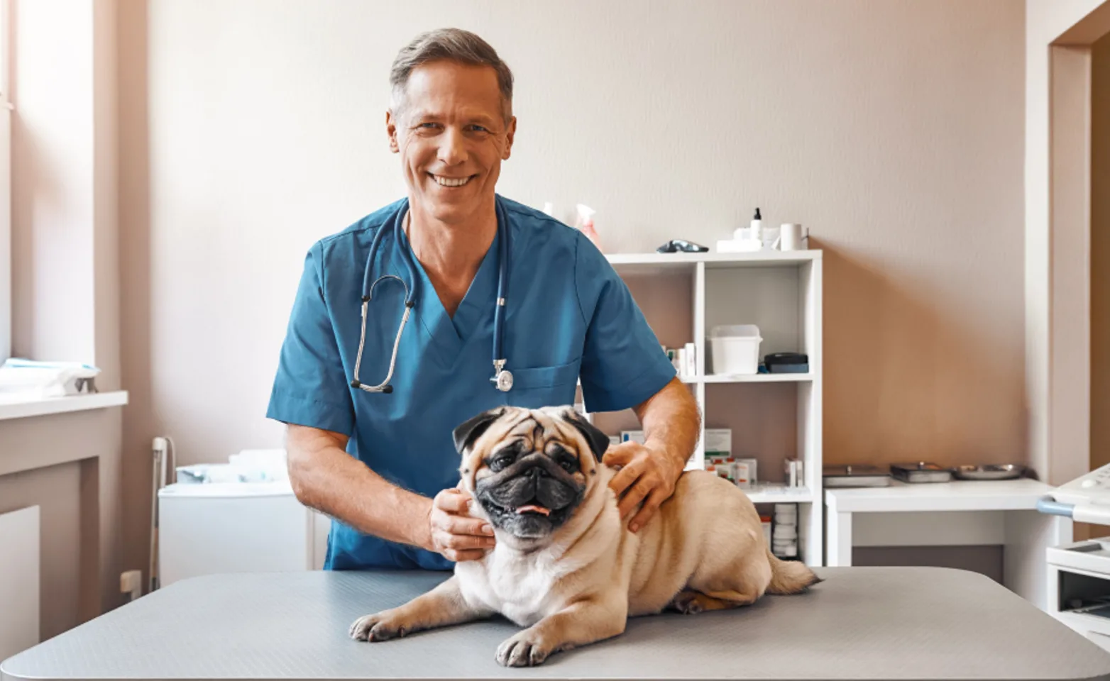 Veterinarian examining a bulldog