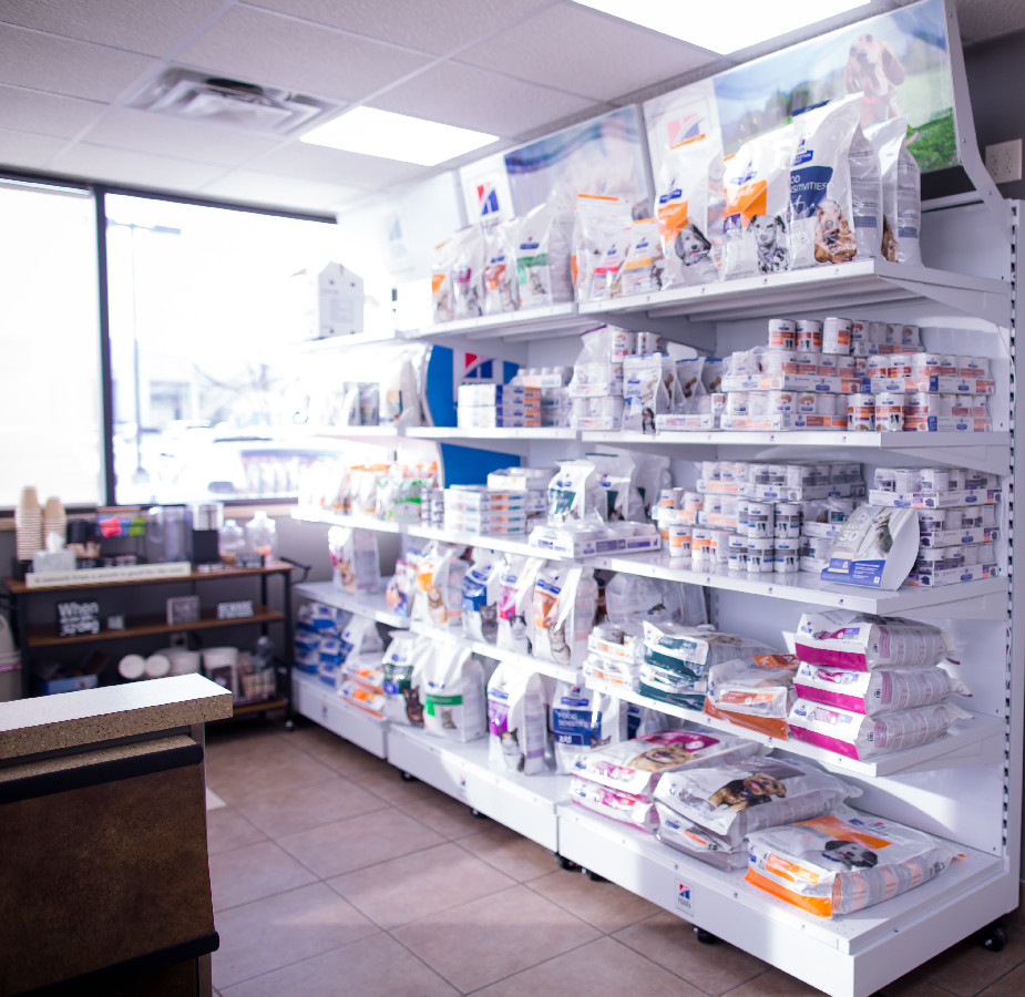 Prescription pet food on the shelves at Kindness Animal Hospital
