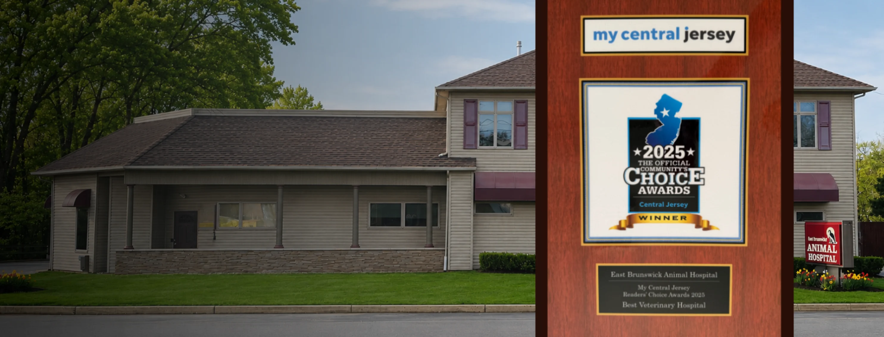 Front of East Brunswick Animal Hospital and 2025 Community's Choice Awards Plaque Front of East Brunswick Animal Hospital and 2025 Community's Choice Awards Plaque