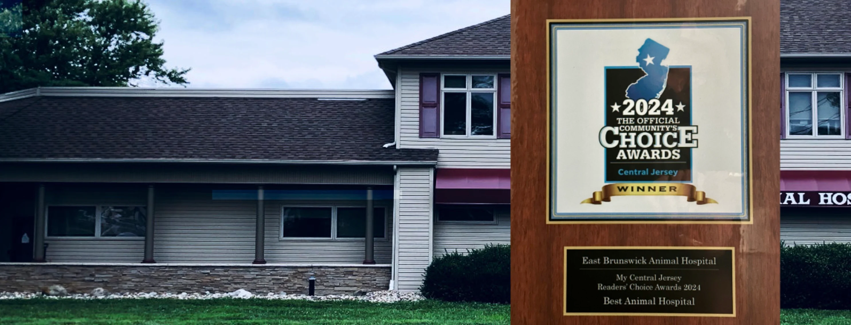Front of East Brunswick Animal Hospital and 2023 Community's Choice Awards Plaque Front of East Brunswick Animal Hospital and 2023 Community's Choice Awards Plaque