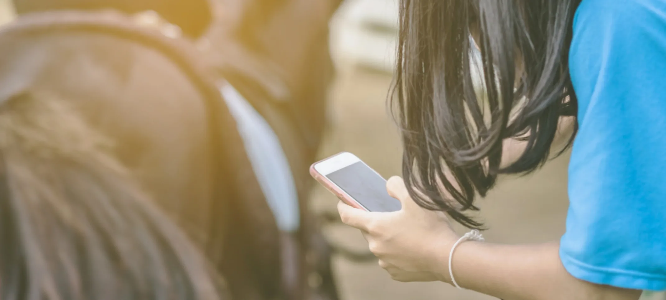 Person on their phone next to a horse Person on their phone next to a horse