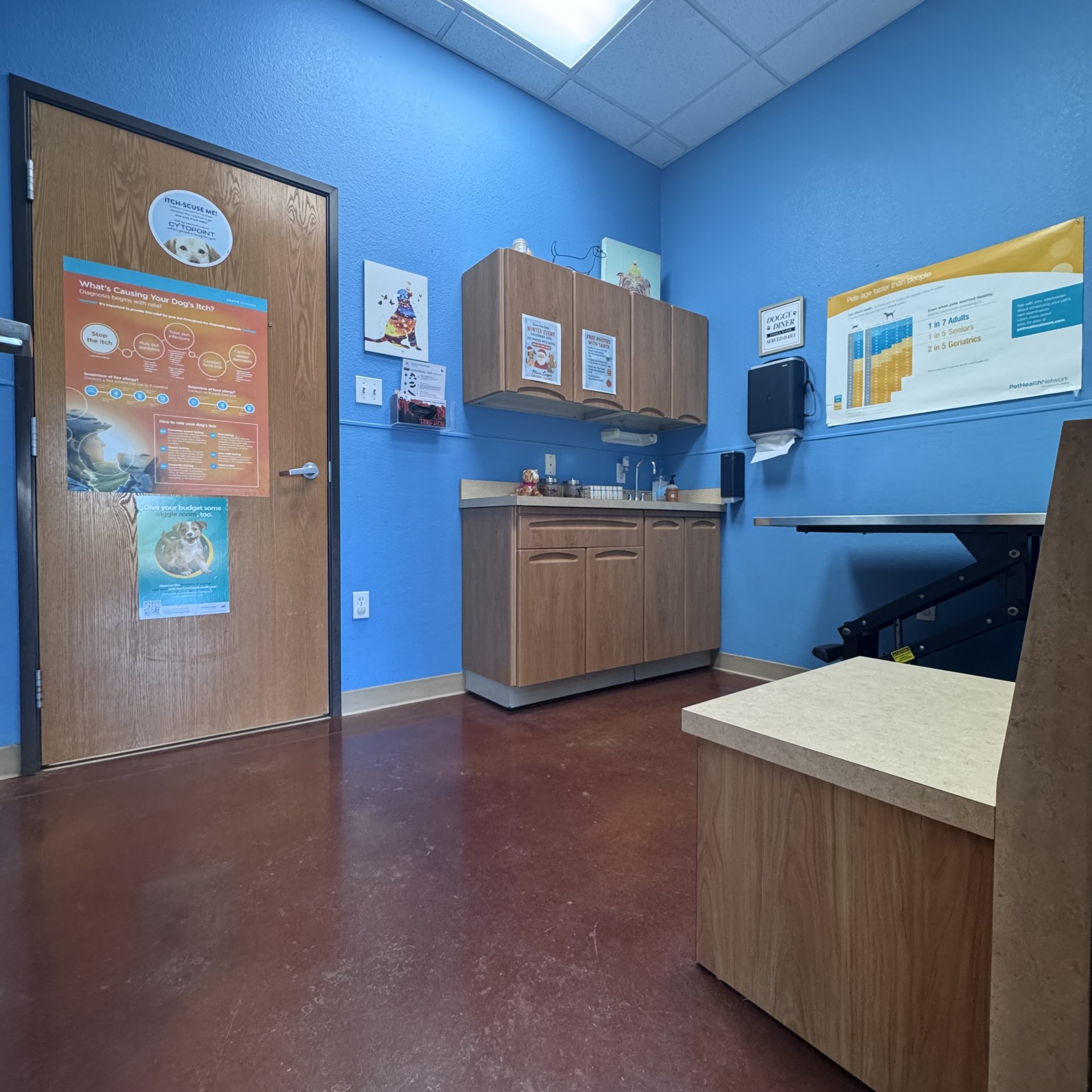 Examination room with metal table