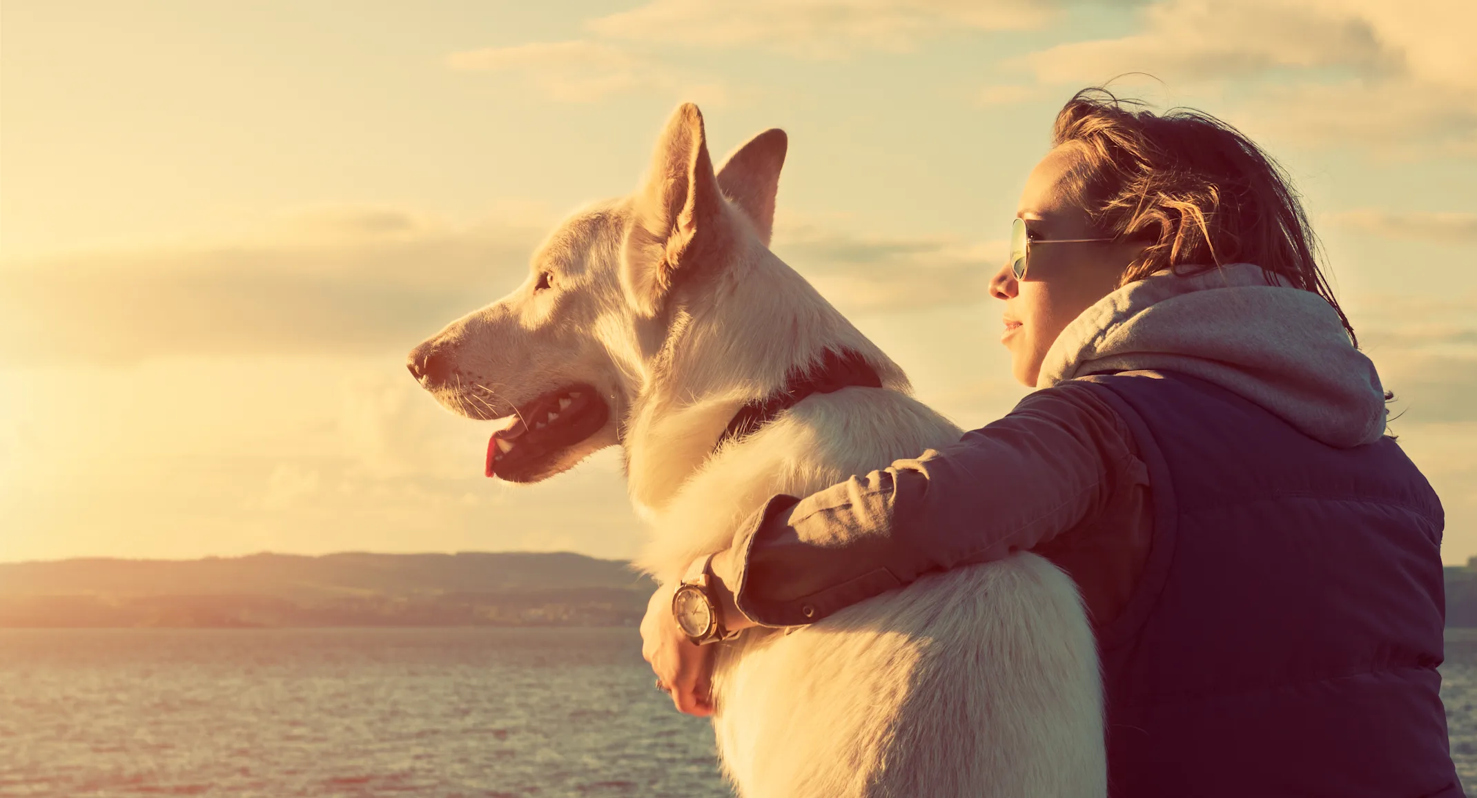 Woman hugging dog at sunset