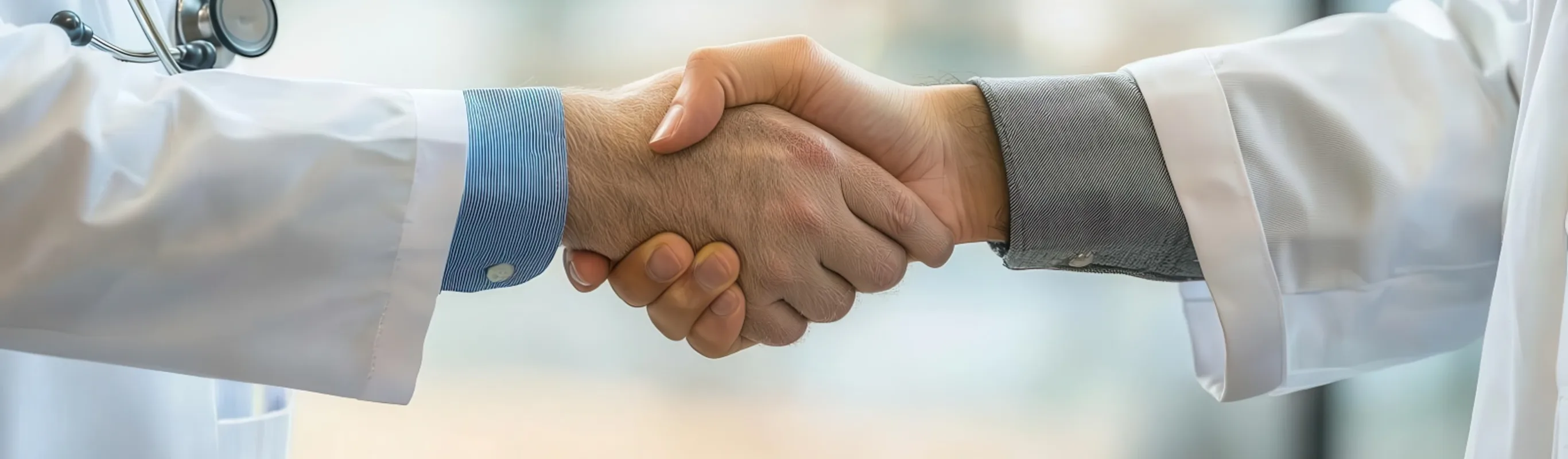 Two veterinarians in white lab coats shaking hands Two veterinarians in white lab coats shaking hands