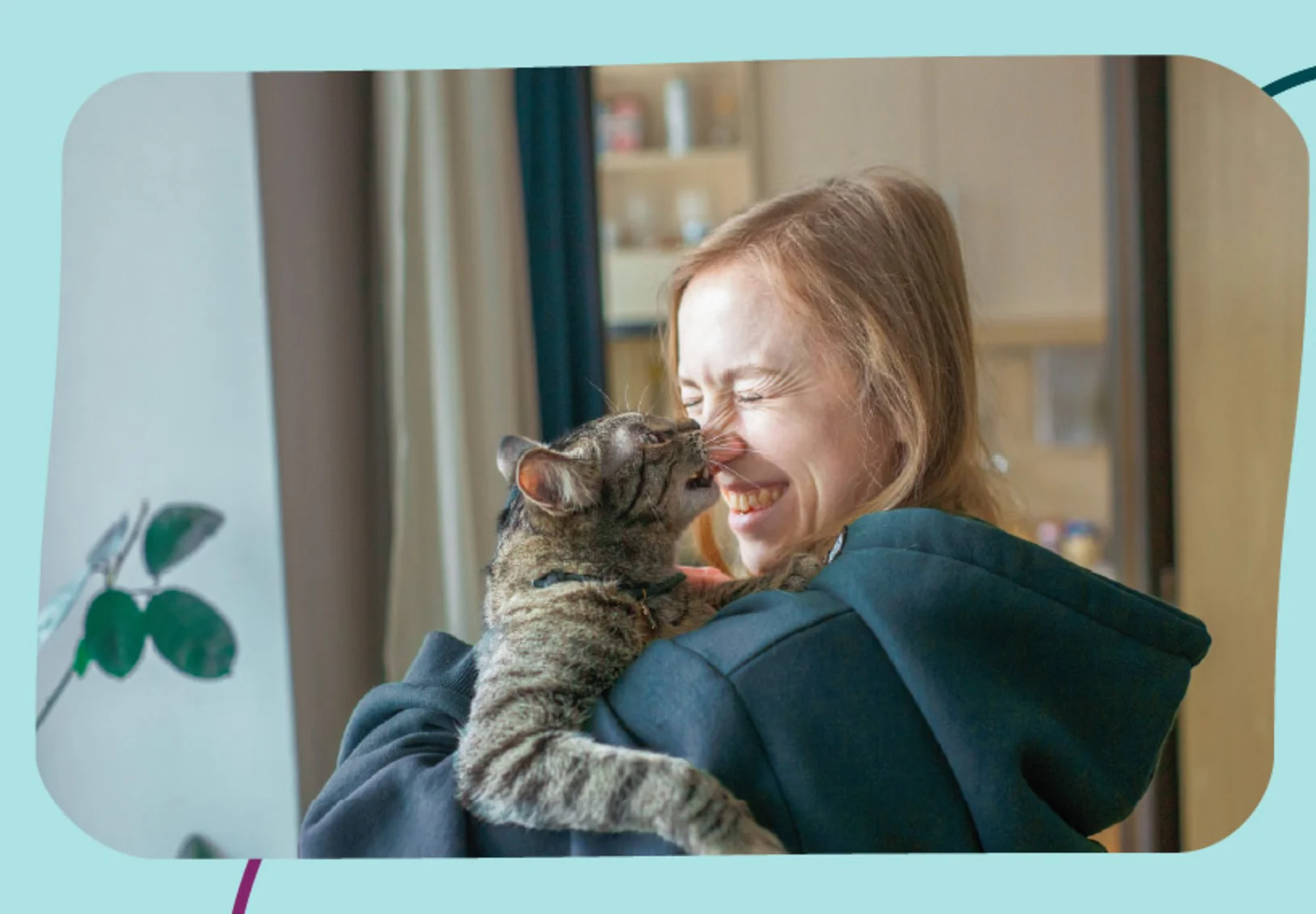 A woman holding a cat in her arms while the cat reaches up and licks the woman's nose. A woman holding a cat in her arms while the cat reaches up and licks the woman's nose.
