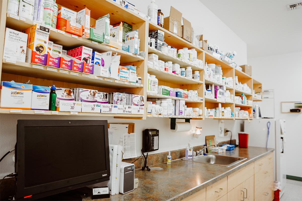 Prineville Veterinary Clinic's pharmacy room where there an abundant of pet pharmaceuticals 