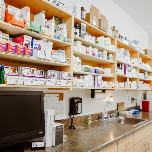 Prineville Veterinary Clinic's pharmacy room where there an abundant of pet pharmaceuticals 