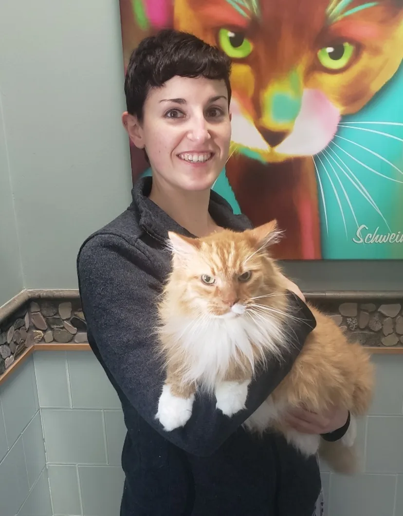 Rebecca Walker in dark clothes while holding a large long haired yellow tabby cat.