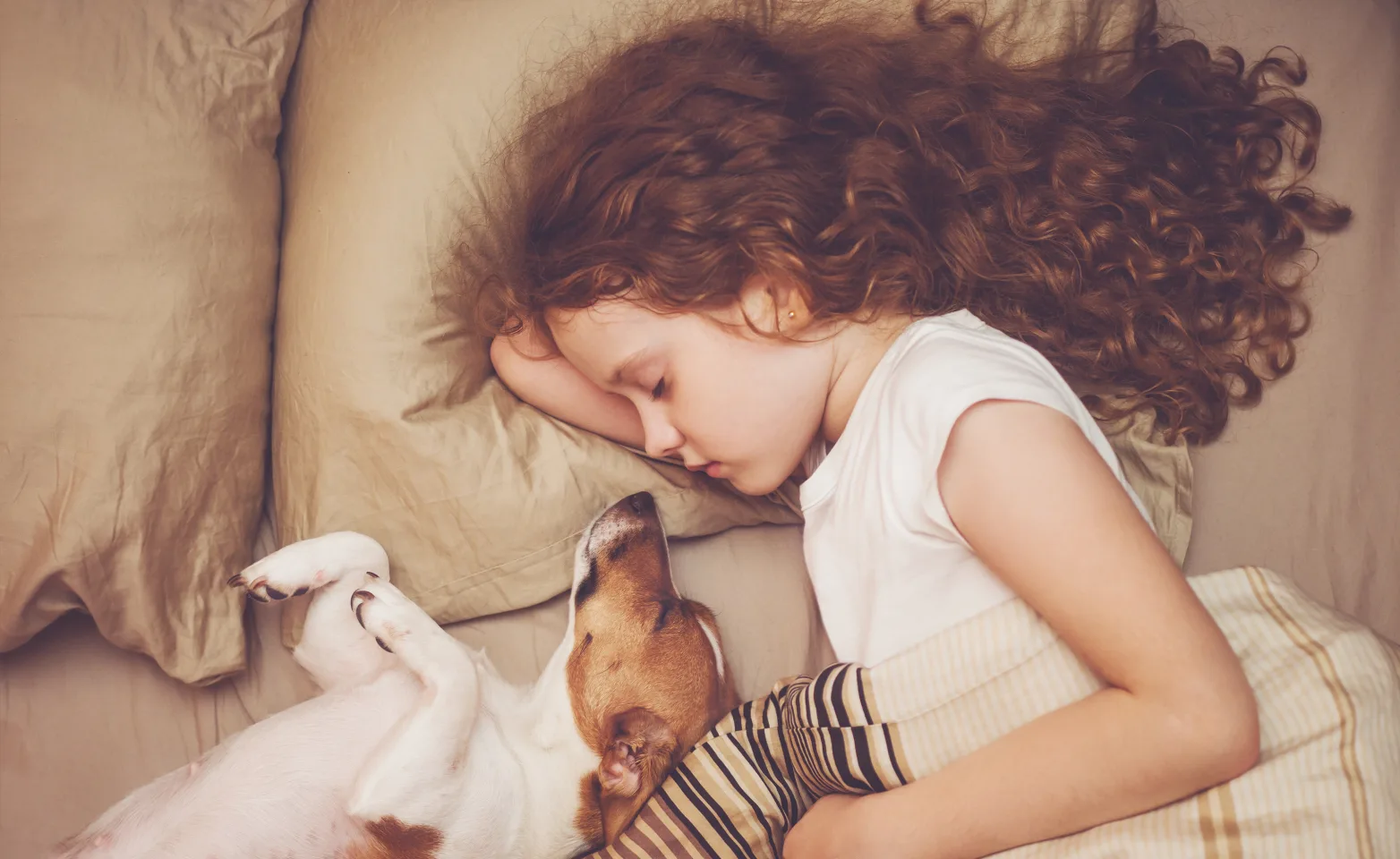 girl sleeping in bed with dog