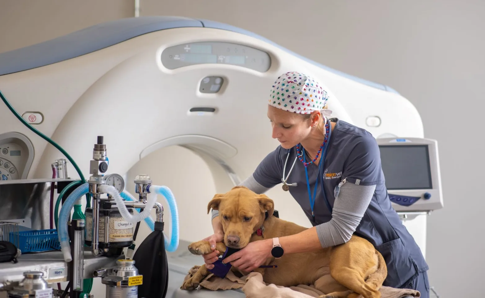 Technician with patient preparing for CT