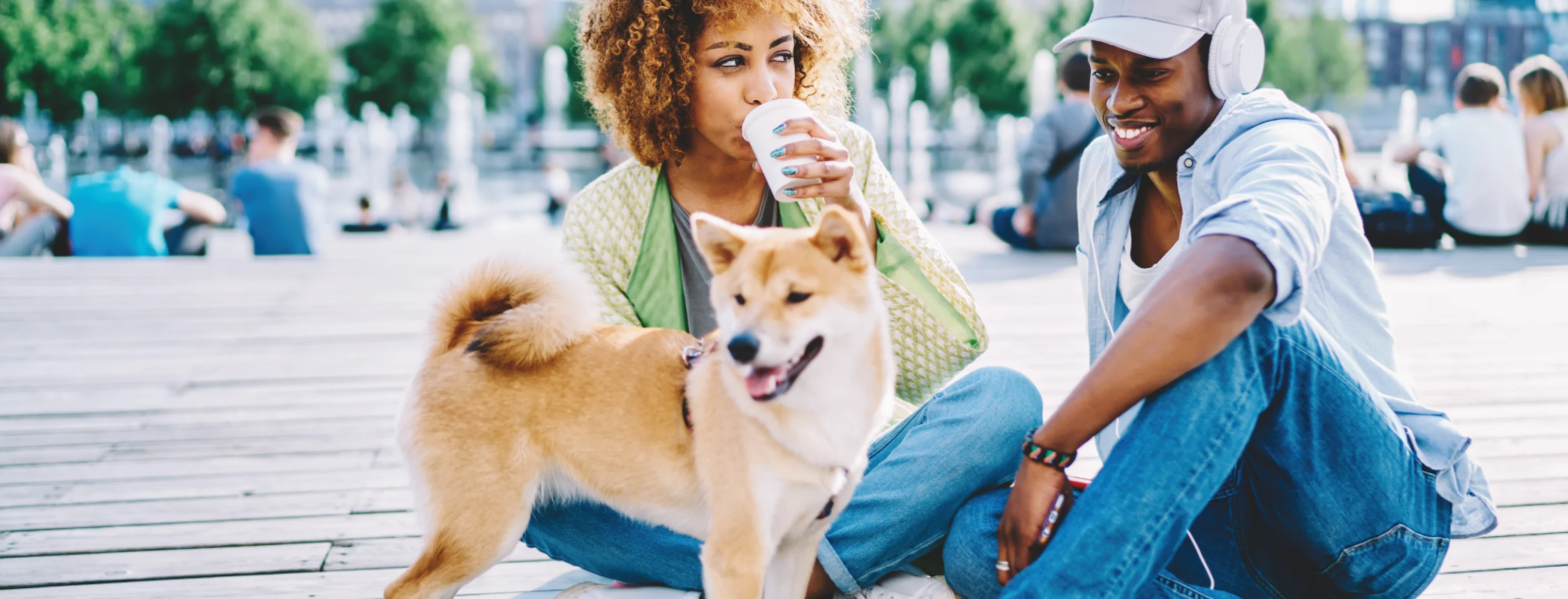Couple sitting outside with their dog Couple sitting outside with their dog