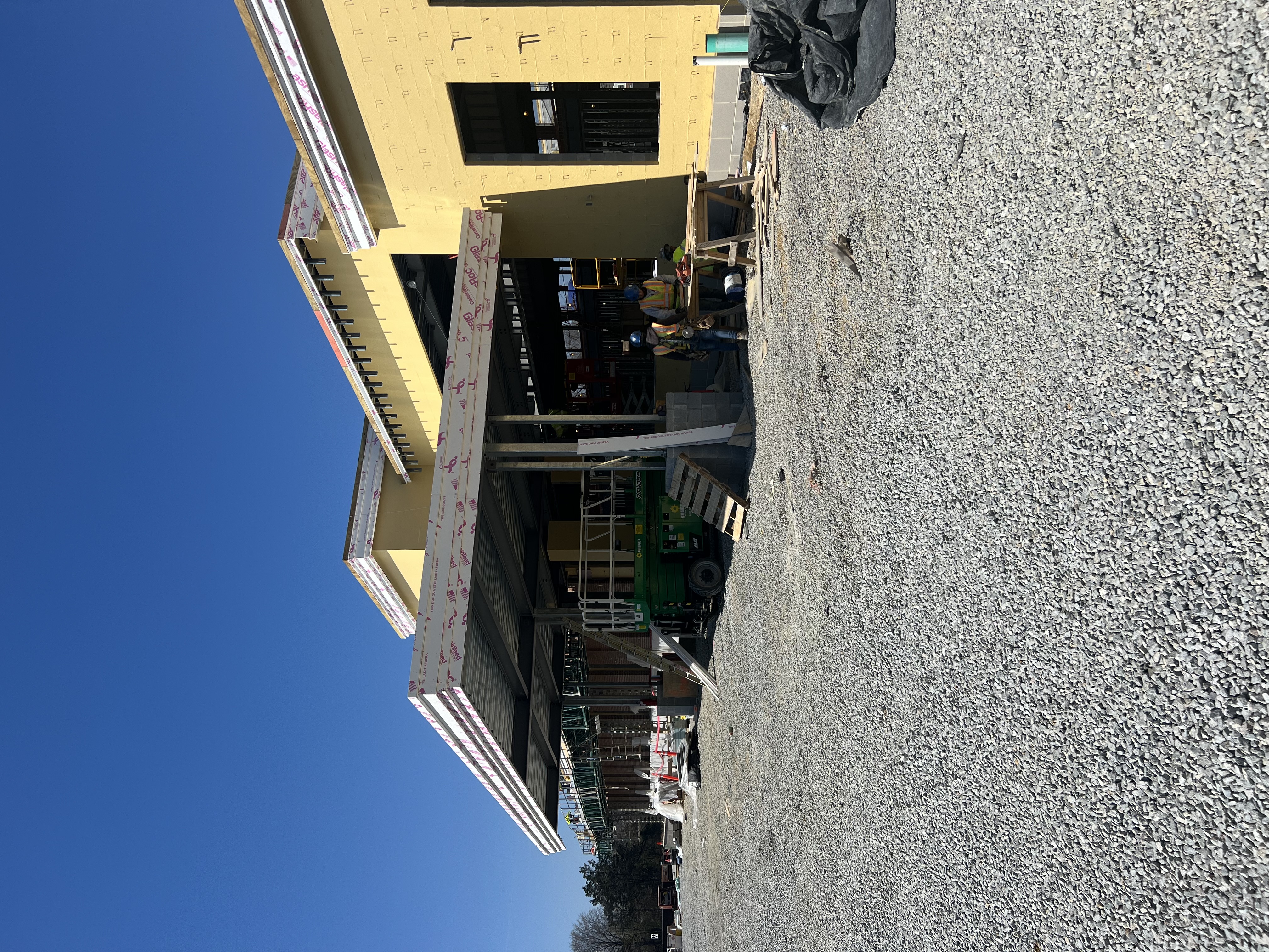 Close up view of the entranceway of the building in construction