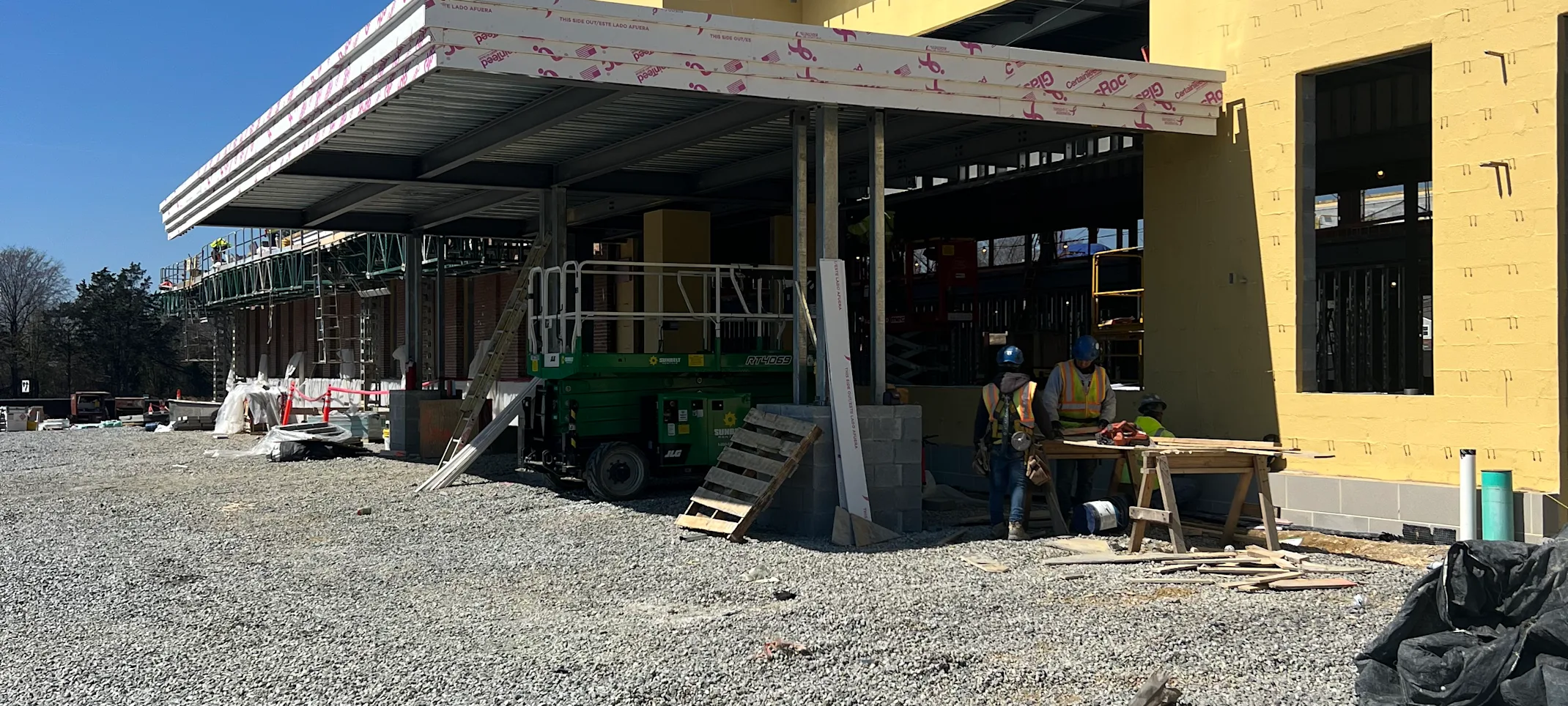 Close up view of the entranceway of the building in construction Close up view of the entranceway of the building in construction