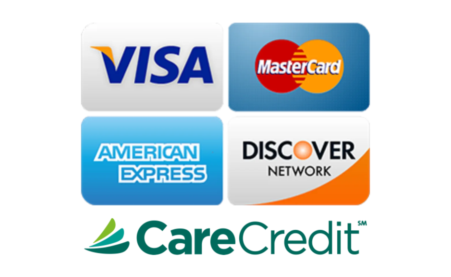 Image of Visa, MasterCard, American Express, Discover card, and CareCredit logos