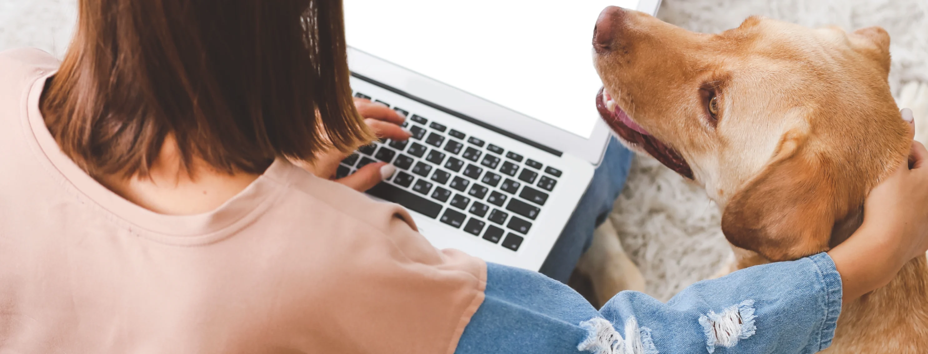 Women on laptop while dog is smiling next to her