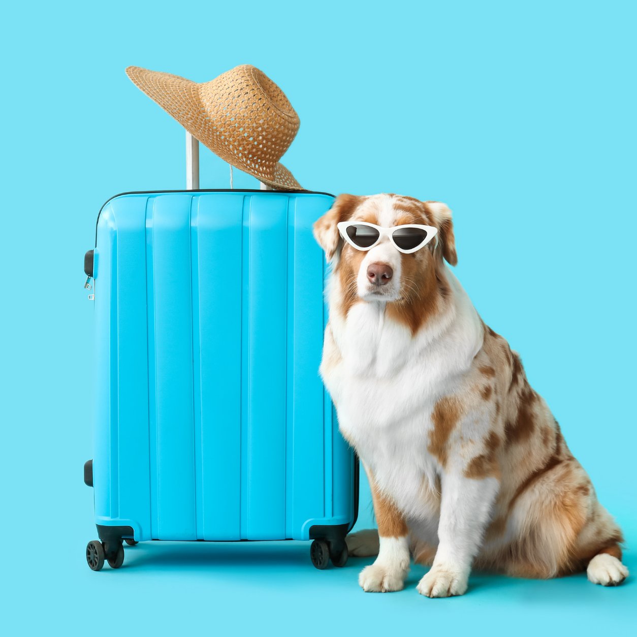 Dog with sunglasses and travel case