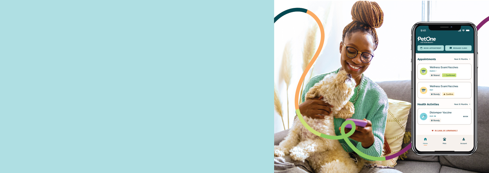 A woman with a dog in her lap reaching up toward her. A screenshot of the PetOne Veterinary app is visible on the side.