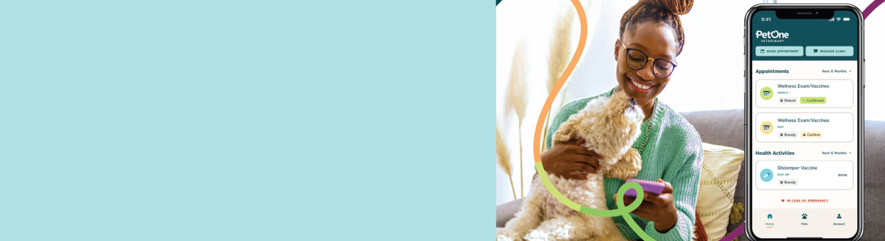 A woman with a dog in her lap reaching up toward her. A screenshot of the PetOne Veterinary app is visible on the side. A woman with a dog in her lap reaching up toward her. A screenshot of the PetOne Veterinary app is visible on the side.