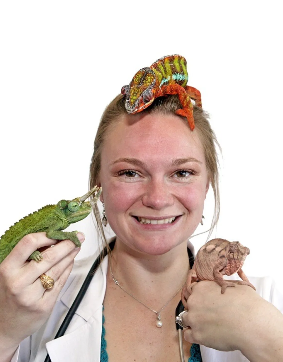 Dr. Dayna Willems with lizards on her hands and head Dr. Dayna Willems with lizards on her hands and head