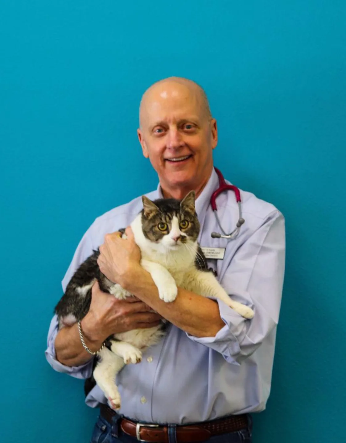 Dr. Bill Folger's staff photo from Memorial Cat Hospital. He is petting a white cat on his lap. Dr. Bill Folger's staff photo from Memorial Cat Hospital. He is petting a white cat on his lap.