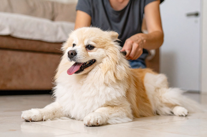 A dog gets its coat brushed at home 