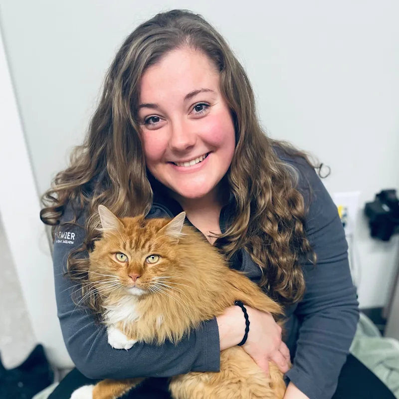 Katlyn sitting on the floor holding an orange fluffy cat Katlyn sitting on the floor holding an orange fluffy cat