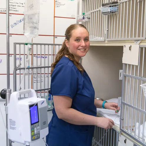Haven Animal Hospital Boarding shows a female staff member opening up one of the small boarding areas for small pets. 
