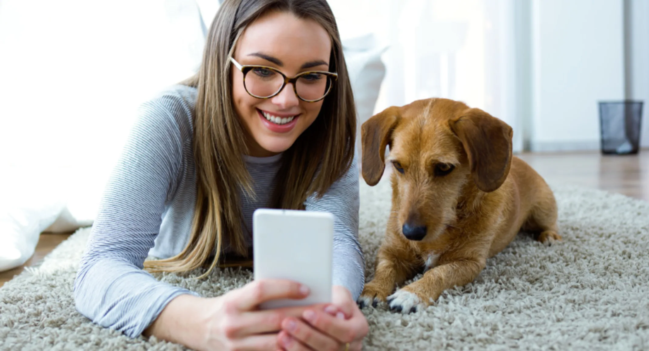 Girl on Phone with Dog Lying on Carpet Girl on Phone with Dog Lying on Carpet