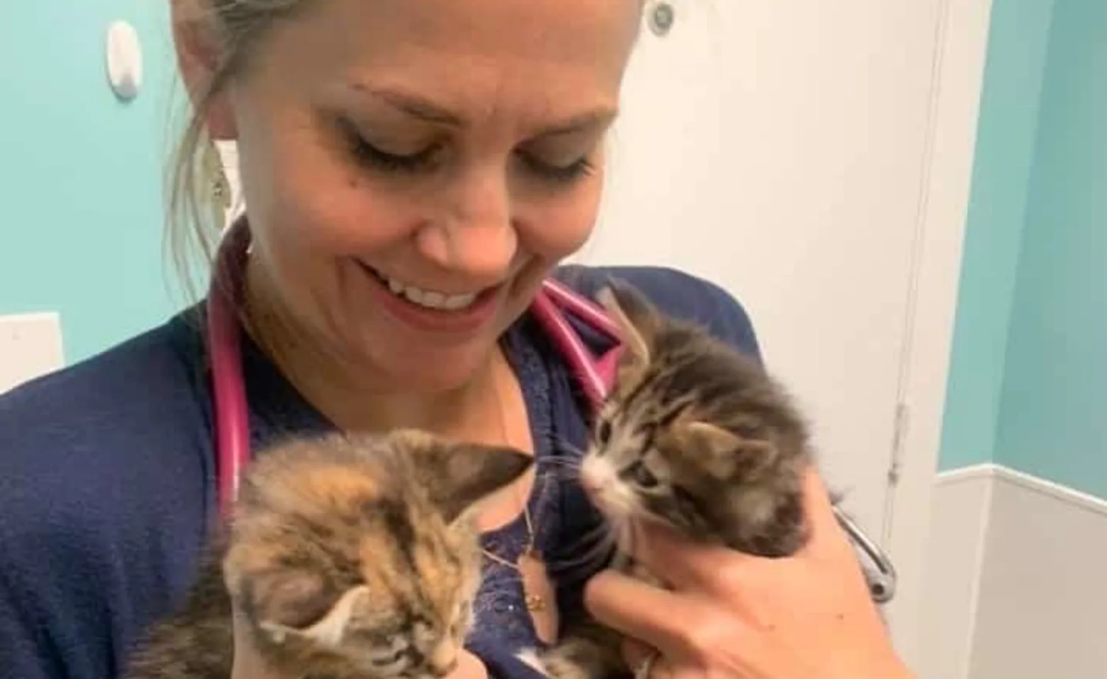 Strawbridge Animal Care staff member holding two small kittens Strawbridge Animal Care staff member holding two small kittens