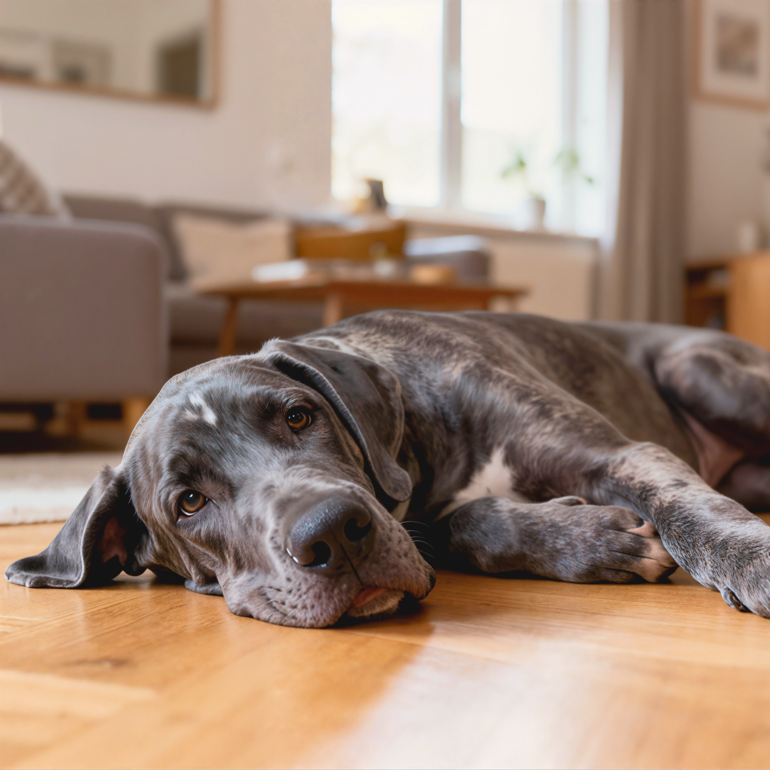 Brindle Great Dane puppy lying on a wooden floor in a bright living room, looking at the camera.