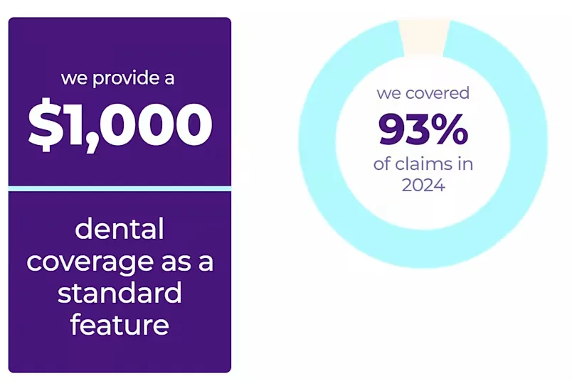 Graphic showing $1,000 dental coverage as standard and a chart that 93% of claims were covered in 2024.