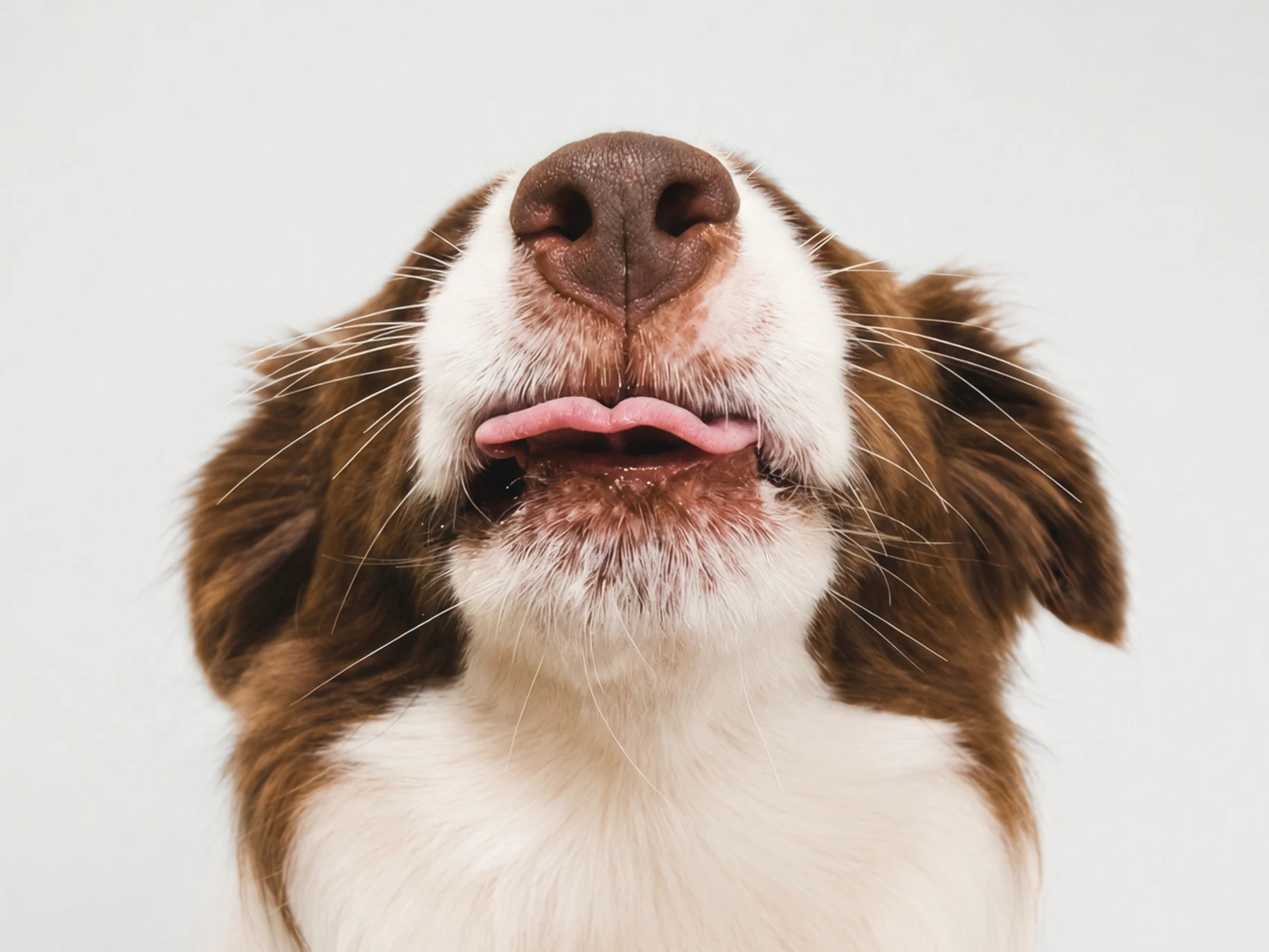 Low-angle close-up of a brown and white dog’s snout looking up against a light gray background.