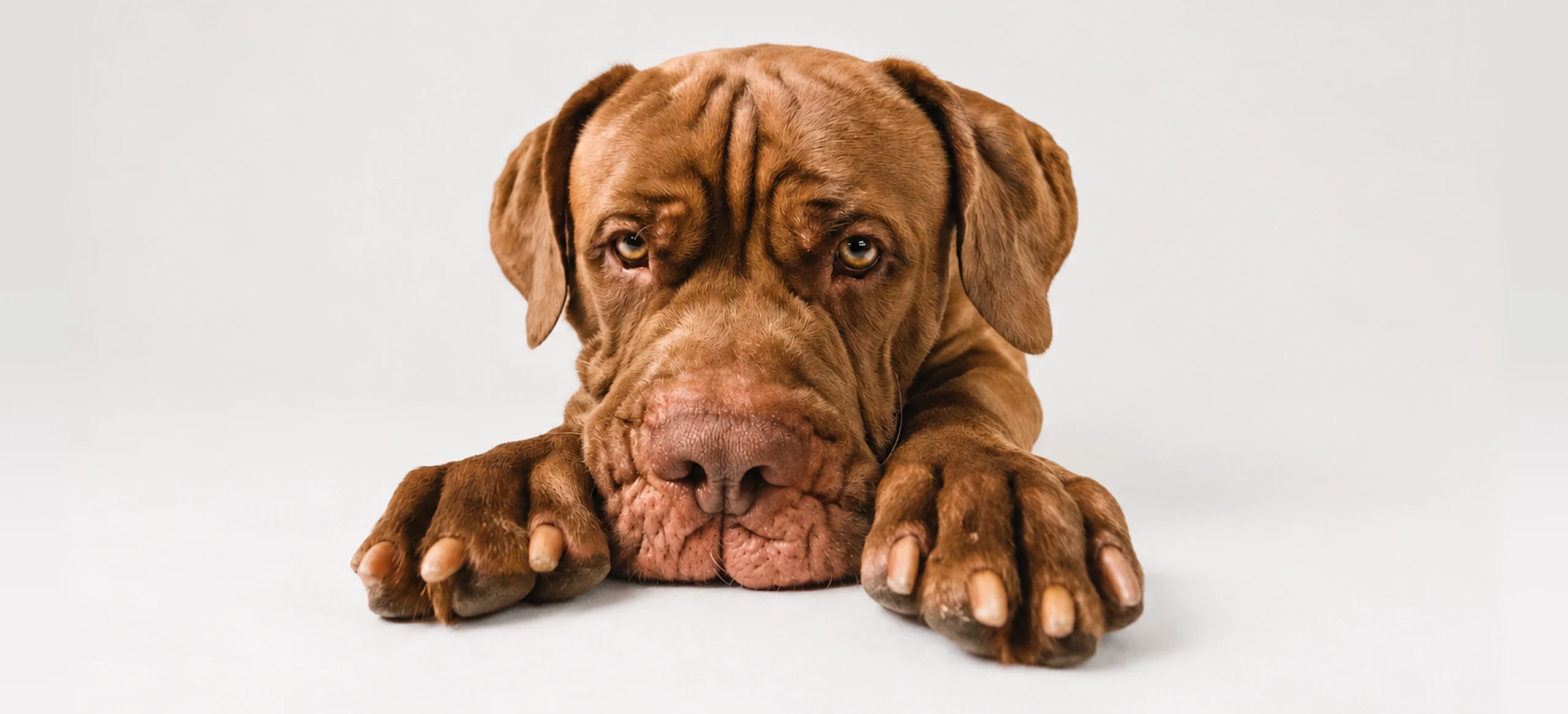 Wrinkled brown mastiff resting its chin on the floor between large front paws against a white backdrop.