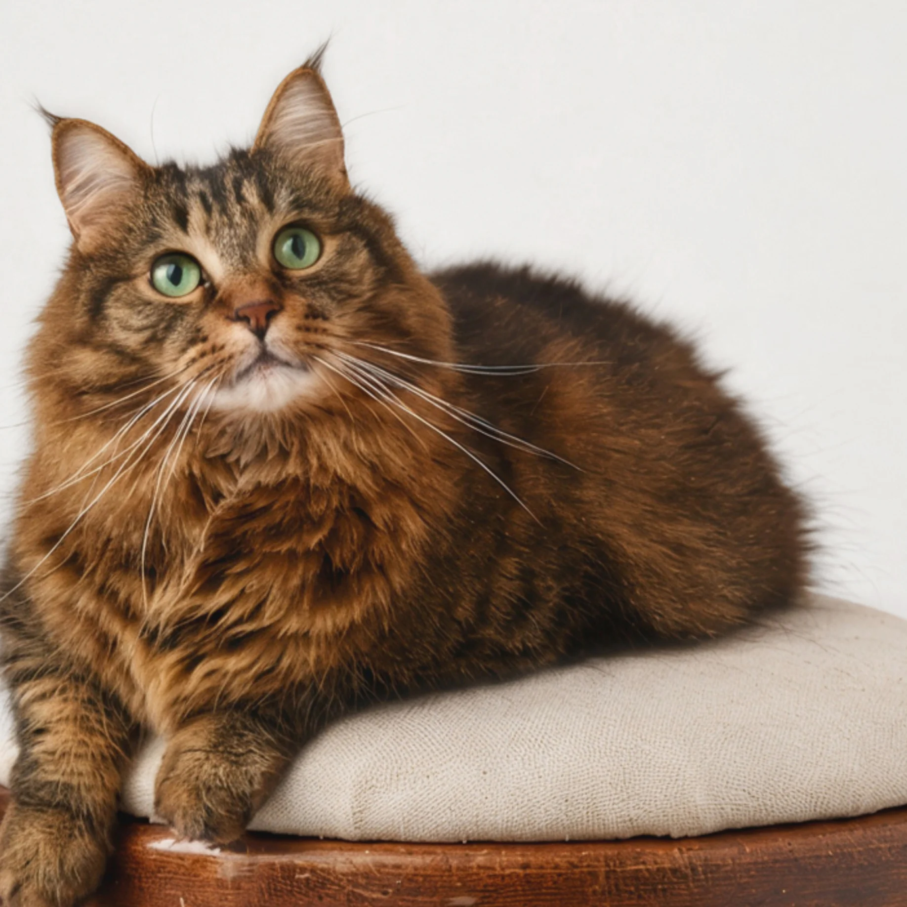 Fluffy brown tabby cat with green eyes resting on a padded stool against a white background.