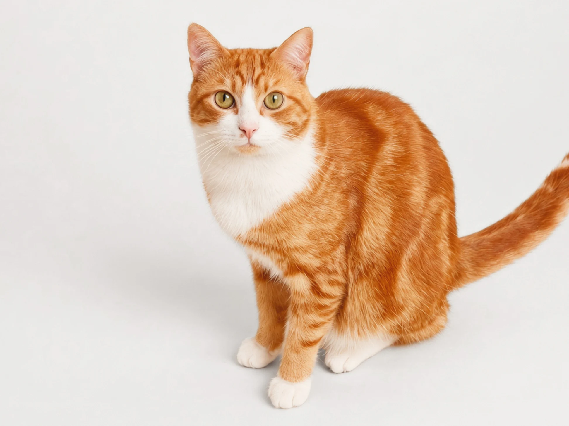 Orange and white tabby cat sitting upright and looking at the camera against a light gray background.