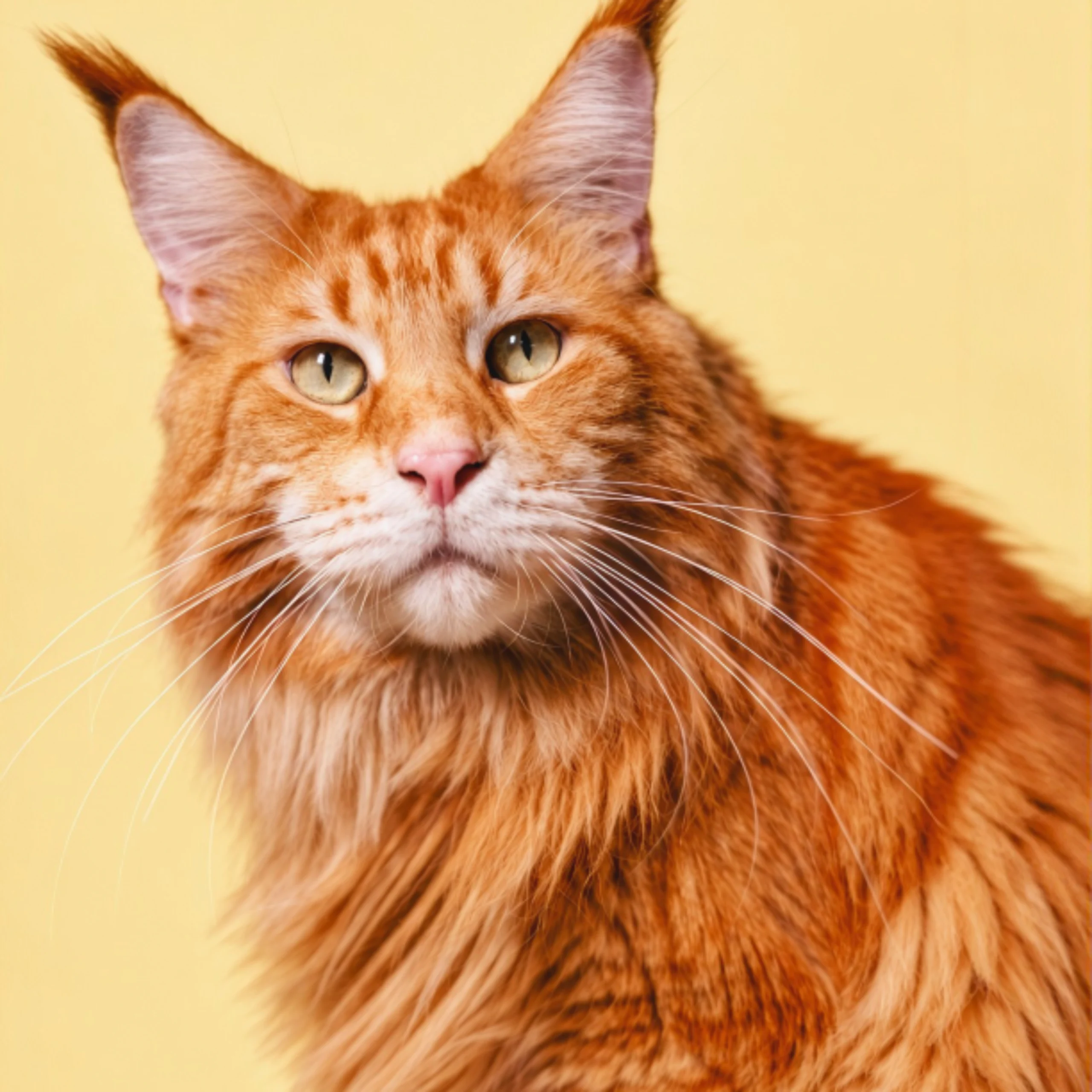 Fluffy orange Maine Coon cat with green-yellow eyes and tufted ears against a pale yellow background.