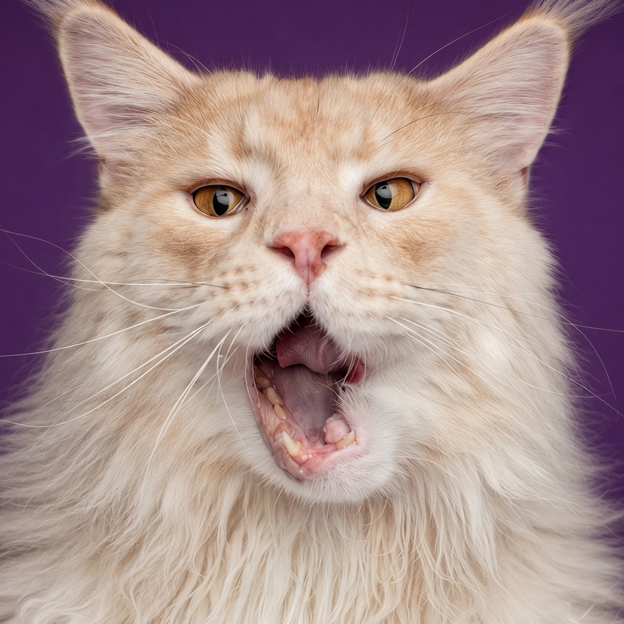 Fluffy cream cat with amber eyes meowing with mouth open against a dark purple background.