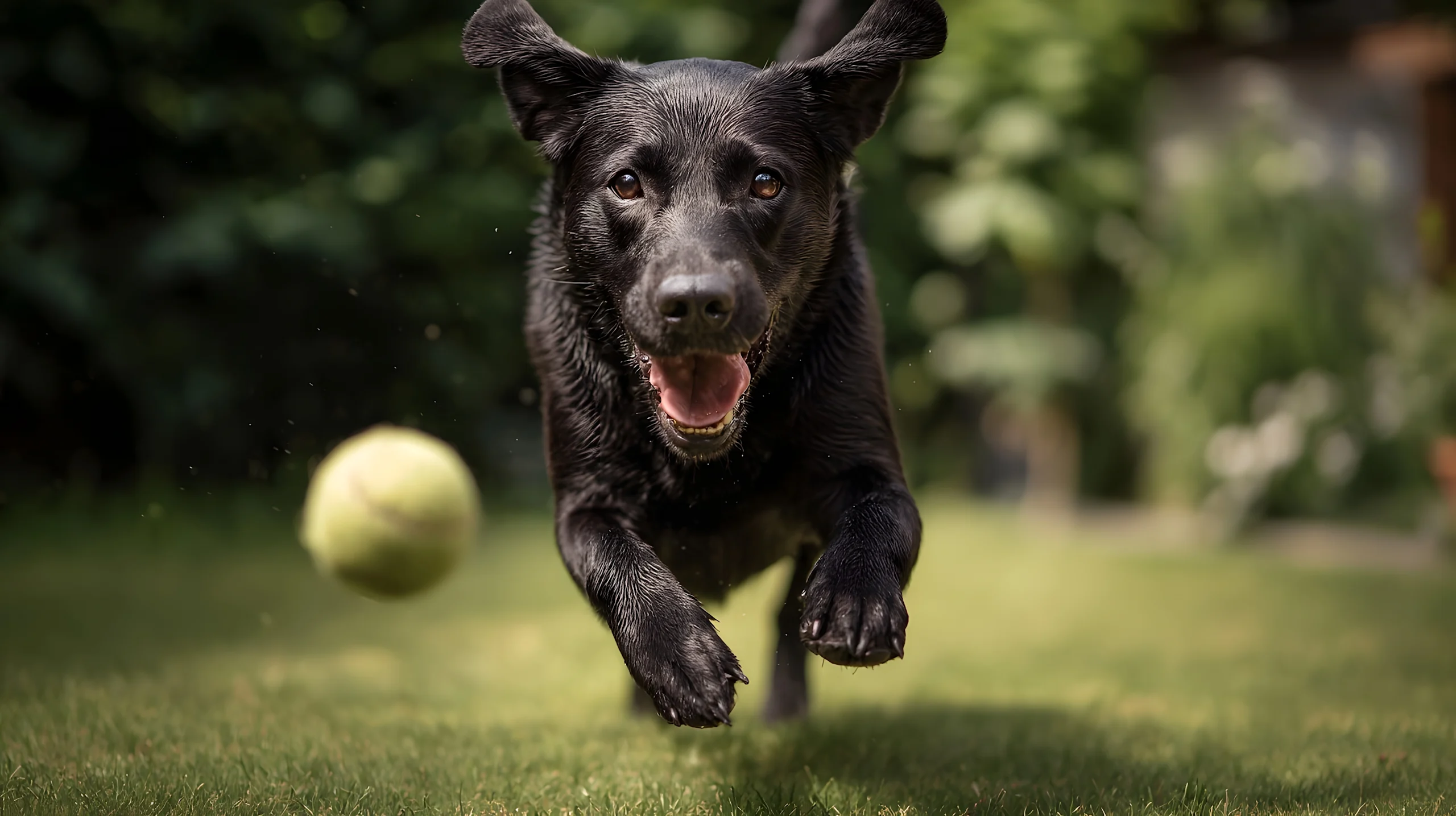 Black Dog Chasing Tennis Ball Outdoors
