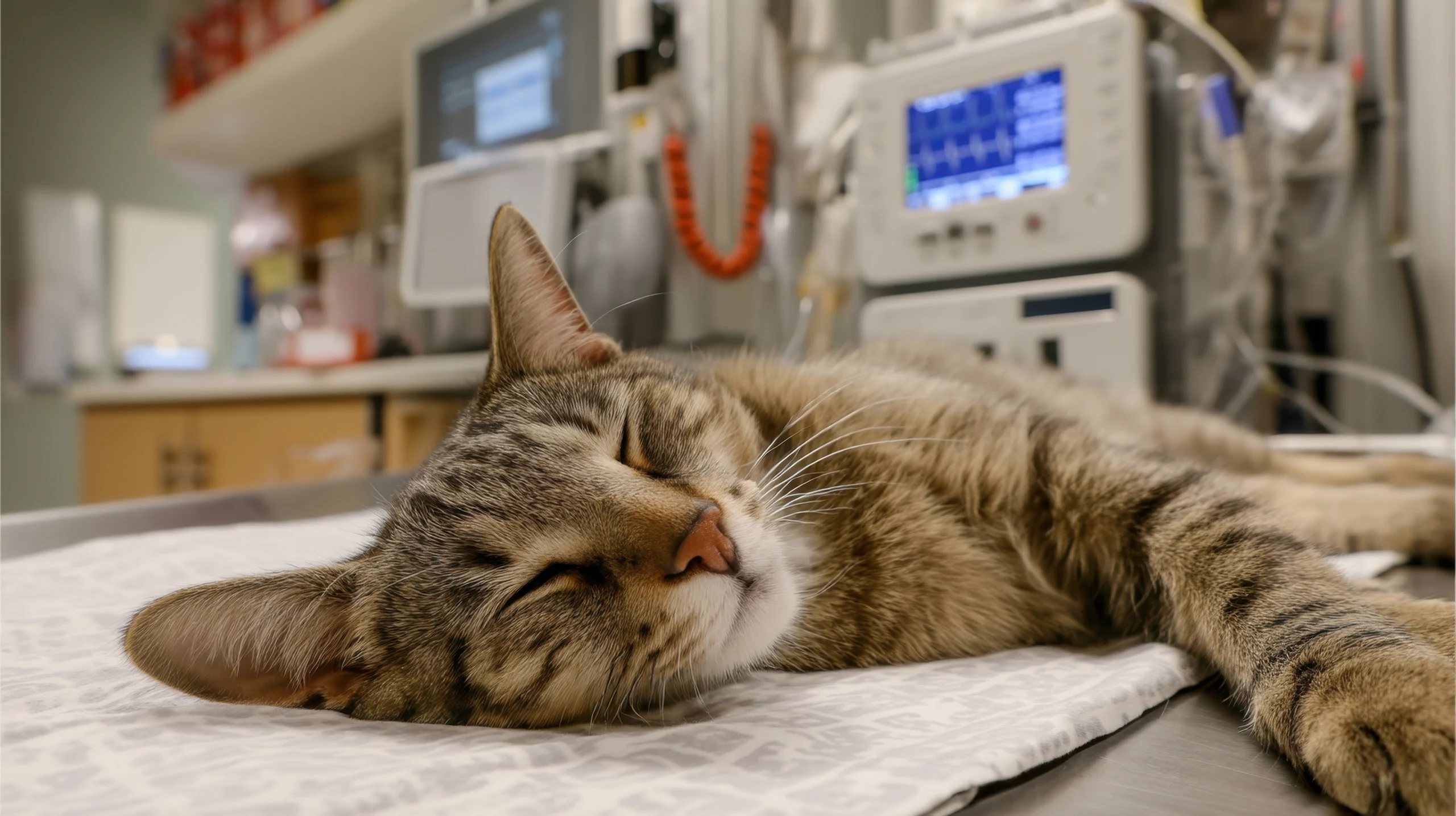 A tabby cat lies peacefully on a veterinary exam table
