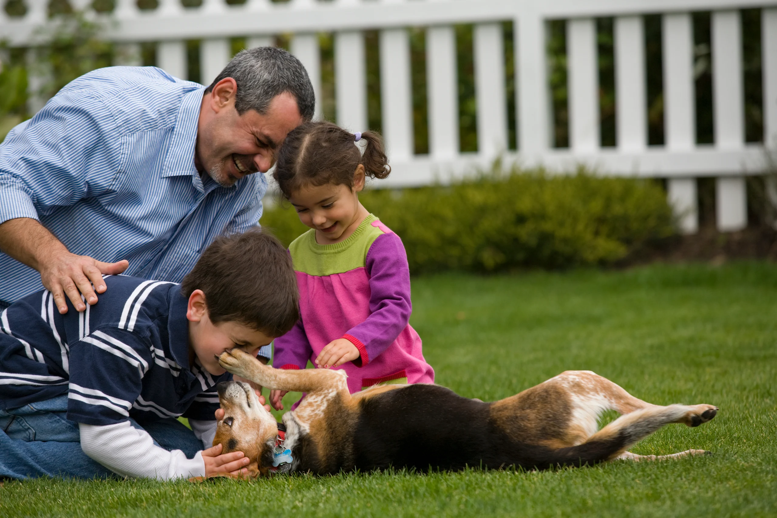 Family Playing With Dog in Backyard