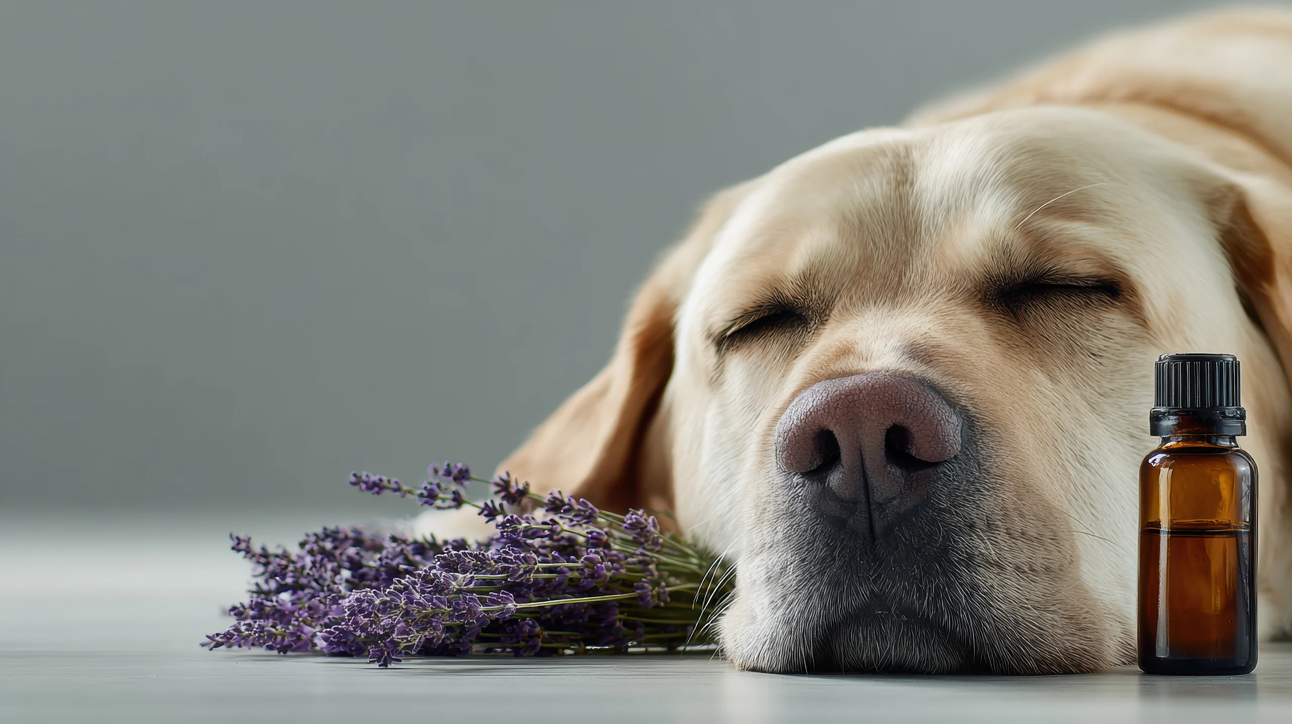 A yellow Labrador Retriever sleeps peacefully beside a sprig of fresh lavender and a bottle of essential oil.