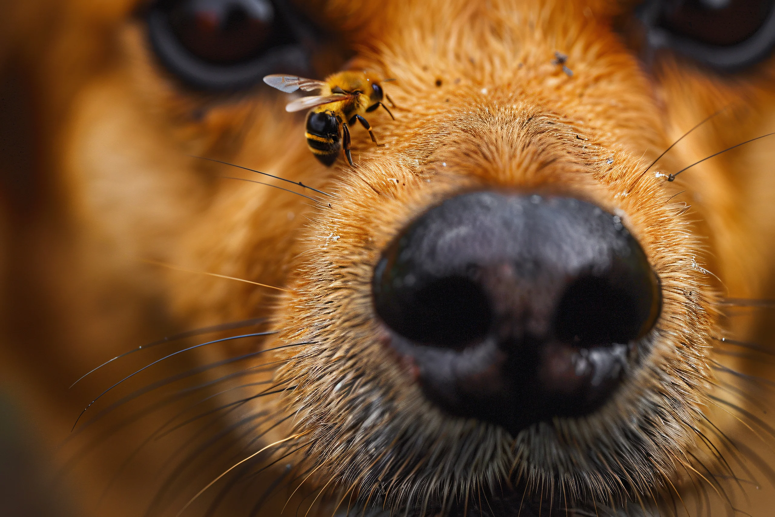 bee lands directly on a golden dog's snout