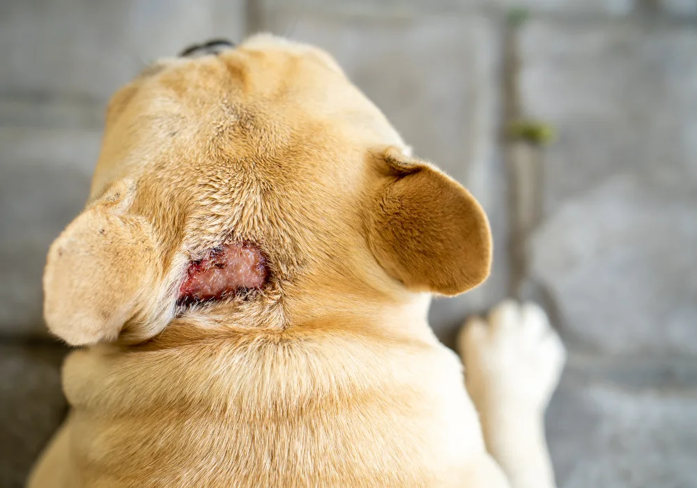 hot spots on dogs, specifically affecting a French Bulldog's neck area