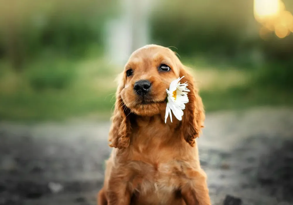 a puppy with a flower in its mouth