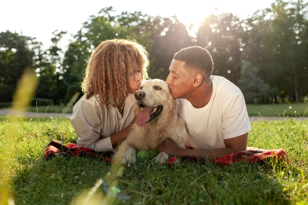 A dog sitting with it's pet parents in a field getting ready for his dog dna test.